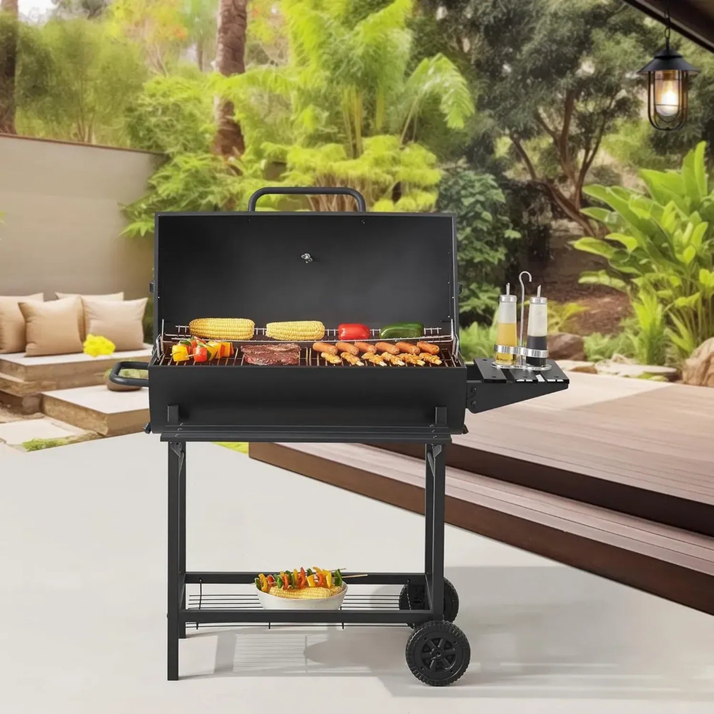Barbecue au Charbon avec Thermomètre et Ventilation - Acier Inoxydable, Noir