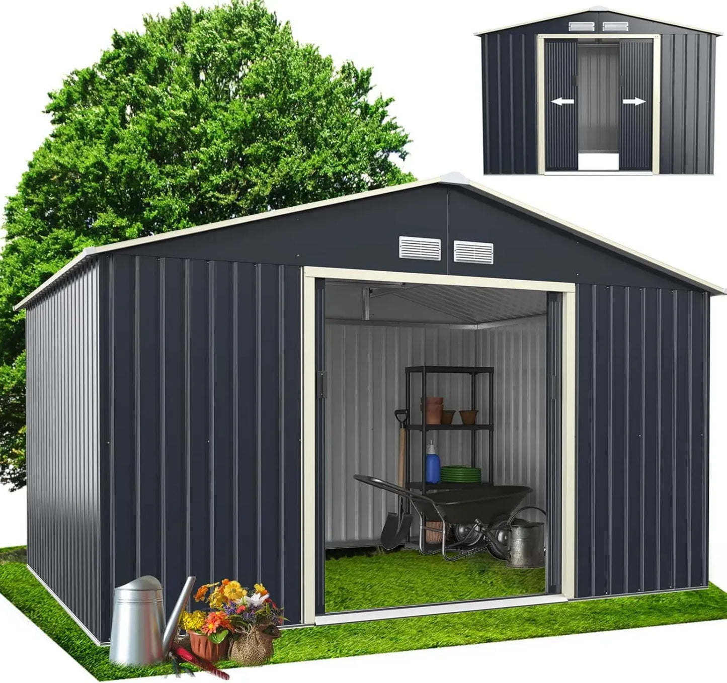 Abri de Jardin Métal 8m² avec Porte Coulissante, Toit Incliné - Rangement Extérieur Résistant