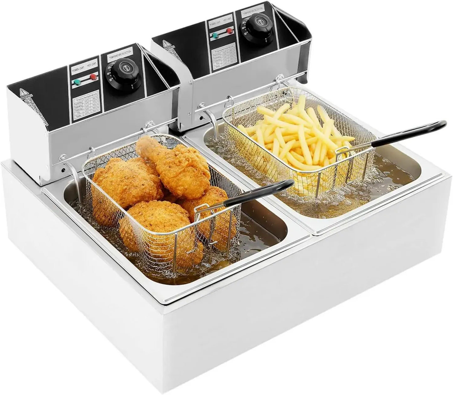 Friteuse professionnelle double cuve 6L en acier inoxydable avec thermostat réglable, idéale pour restaurants