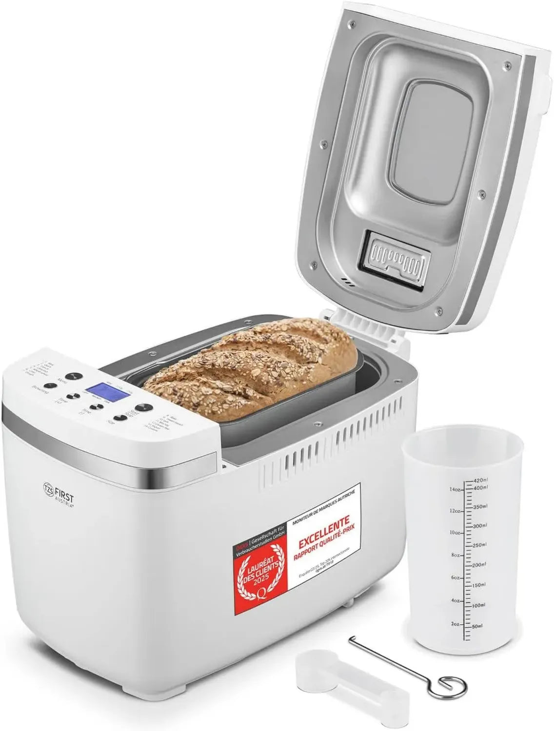 Machine à Pain TZS First Austria 850W, 14 Programmes, Capacité 900-1350g, Départ Différé, Maintien au Chaud, Arrêt Automatique, Minuteur et Écran LCD, Blanc